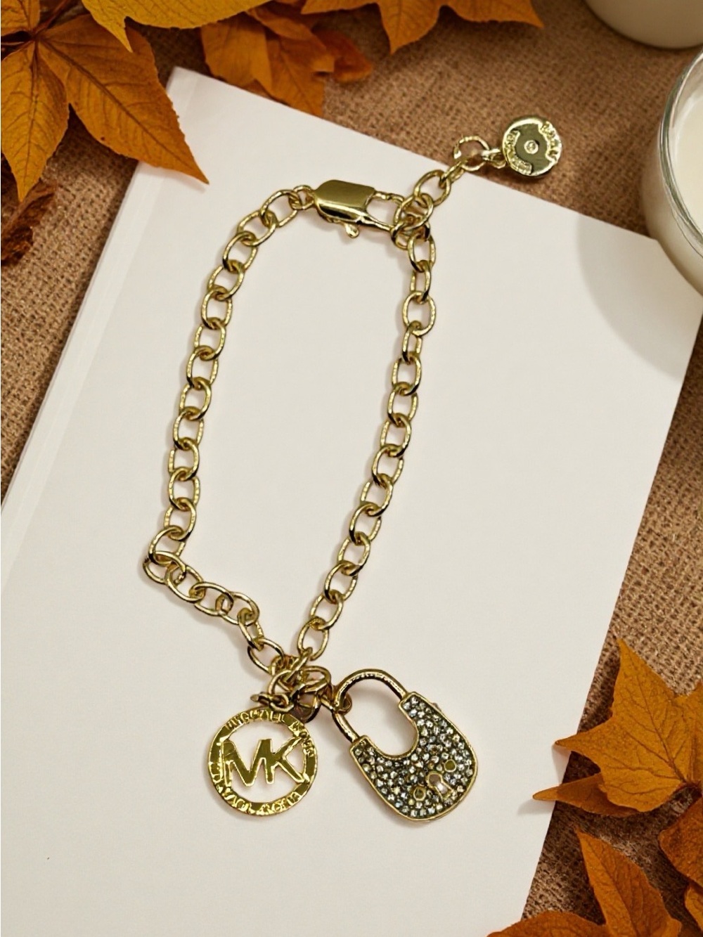 Michael Kors Pave Padlock Logo Chain Bracelet Goldtone Brass 7.5 Inches NWT